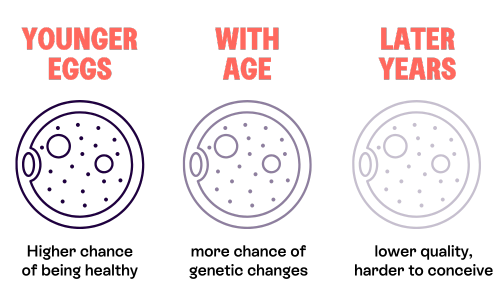 Three egg illustrations labeled “Younger Eggs,” “With Age,” and “Later Years,” showing decreasing egg quality and increasing genetic changes with age.