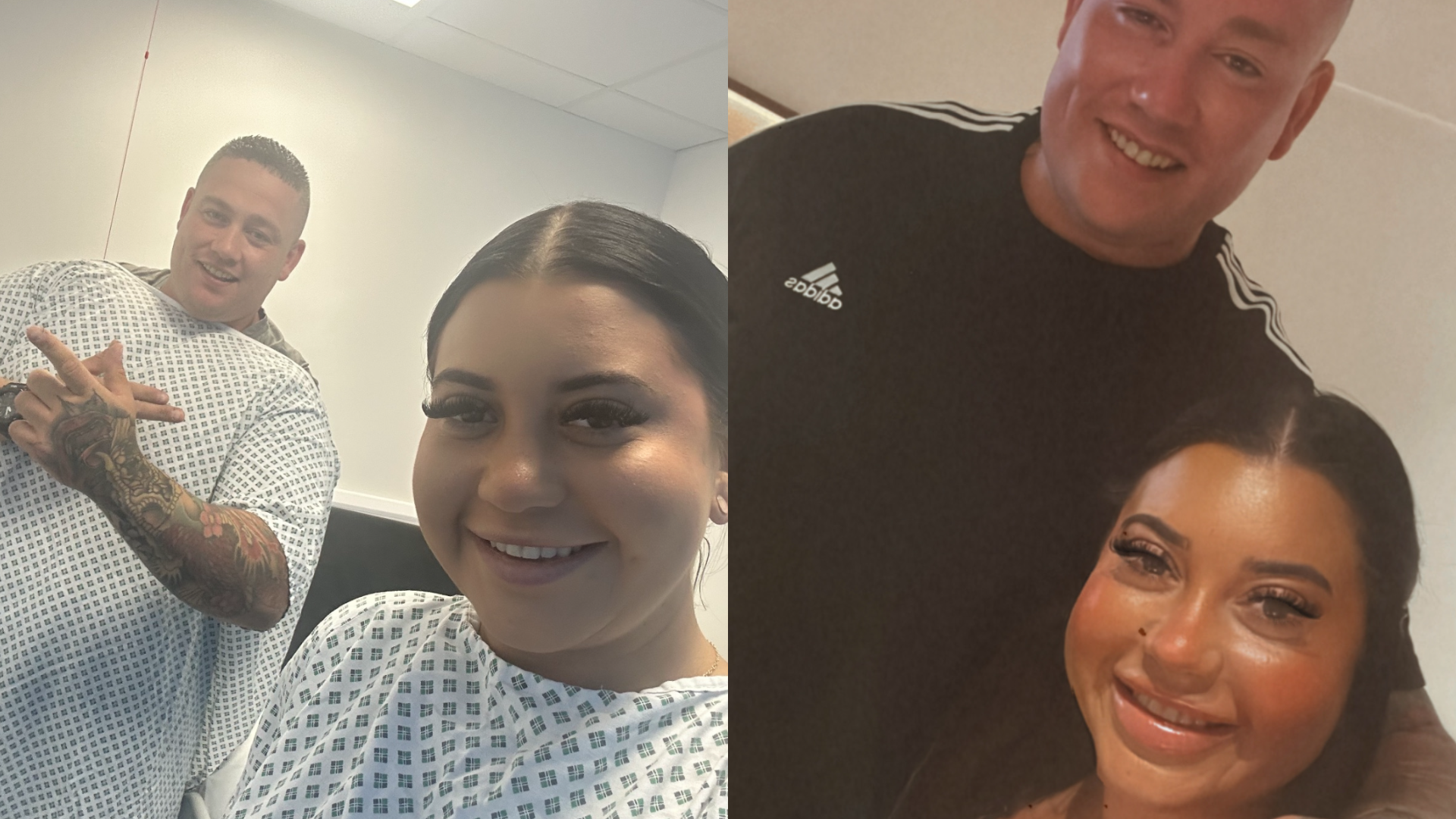 Elle-may and Tony taking photos together at a fertility clinic while wearing hospital gowns during IVF treatment.