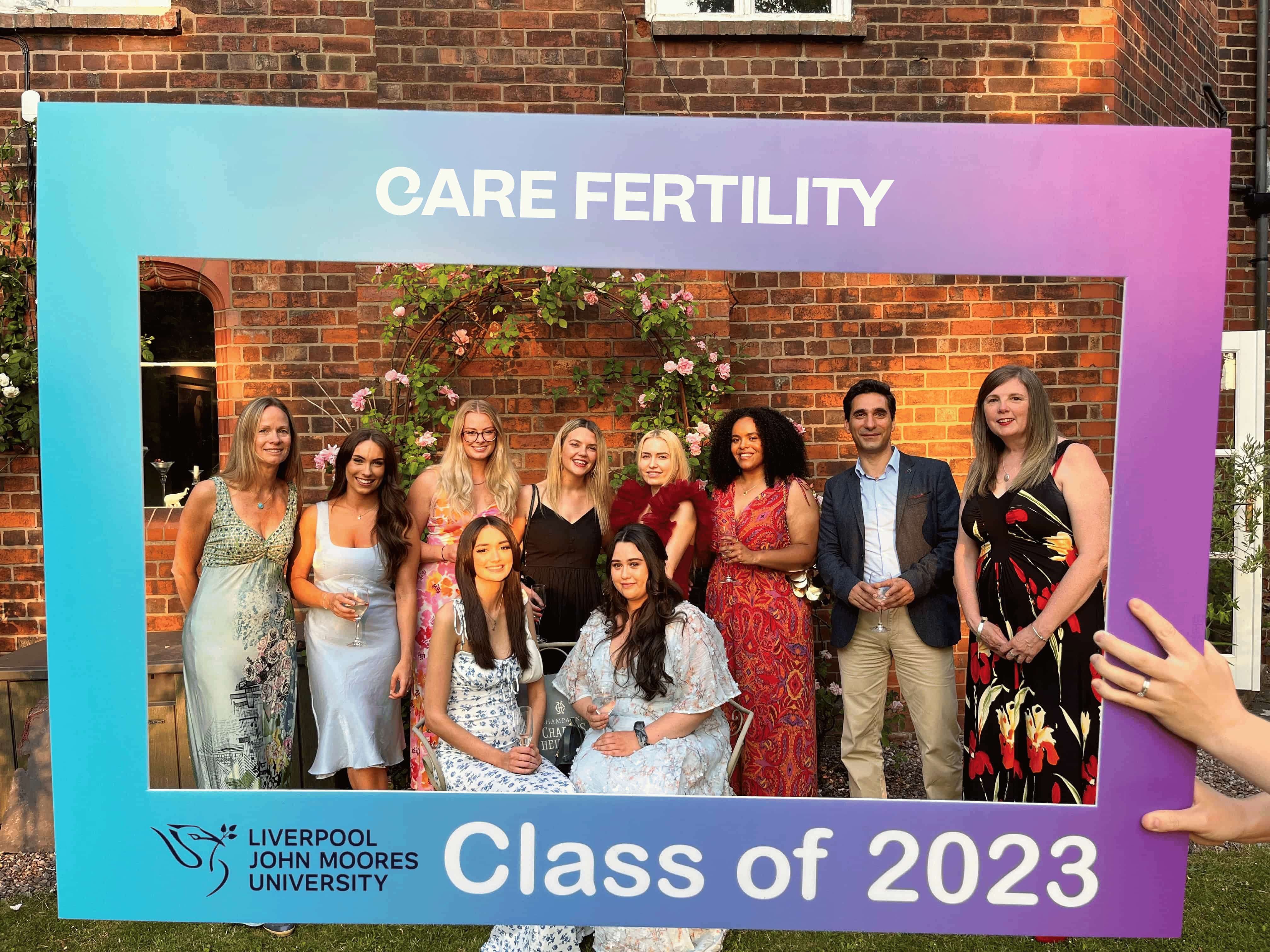 The LJMU and Care Fertility MSc in Clinical Embryology students graduating in 2023 and celebrating their achievements and the courses end.