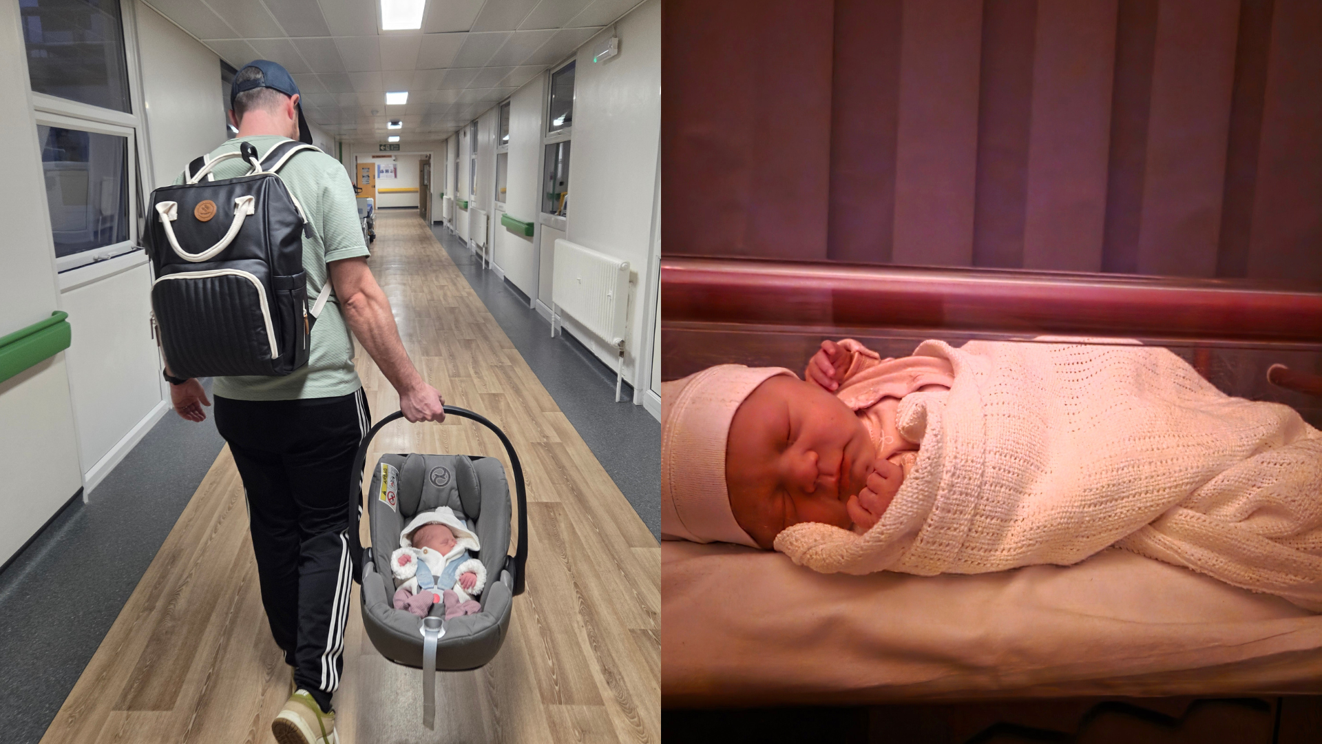 Sam carrying baby Cleo through the hospital, alongside Cleo wrapped in a blanket shortly after birth.