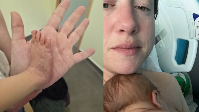 Heather holding her newborn baby boy during skin-to-skin contact shortly after birth.