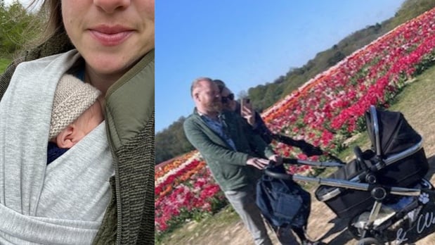 Heather and David enjoying a family day out with their baby boy at a tulip field.