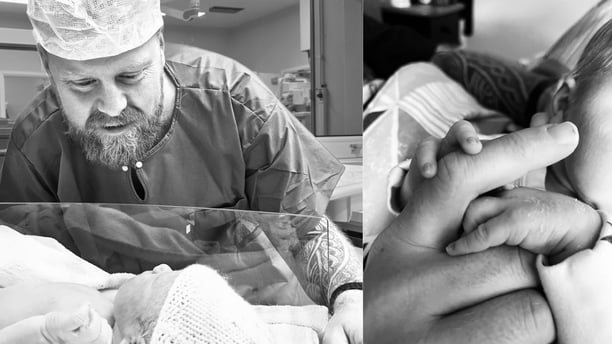 David meeting his newborn son for the first time and holding his tiny hand after birth.