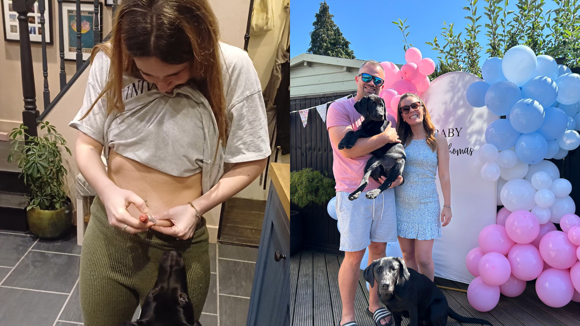 Laura preparing an IVF injection, alongside Laura and Sam at their baby gender reveal with their dogs.
