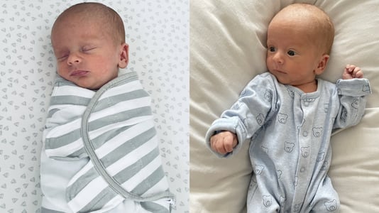 Baby Frankie as a newborn and in his early weeks at home, shown sleeping swaddled and awake on bedding.