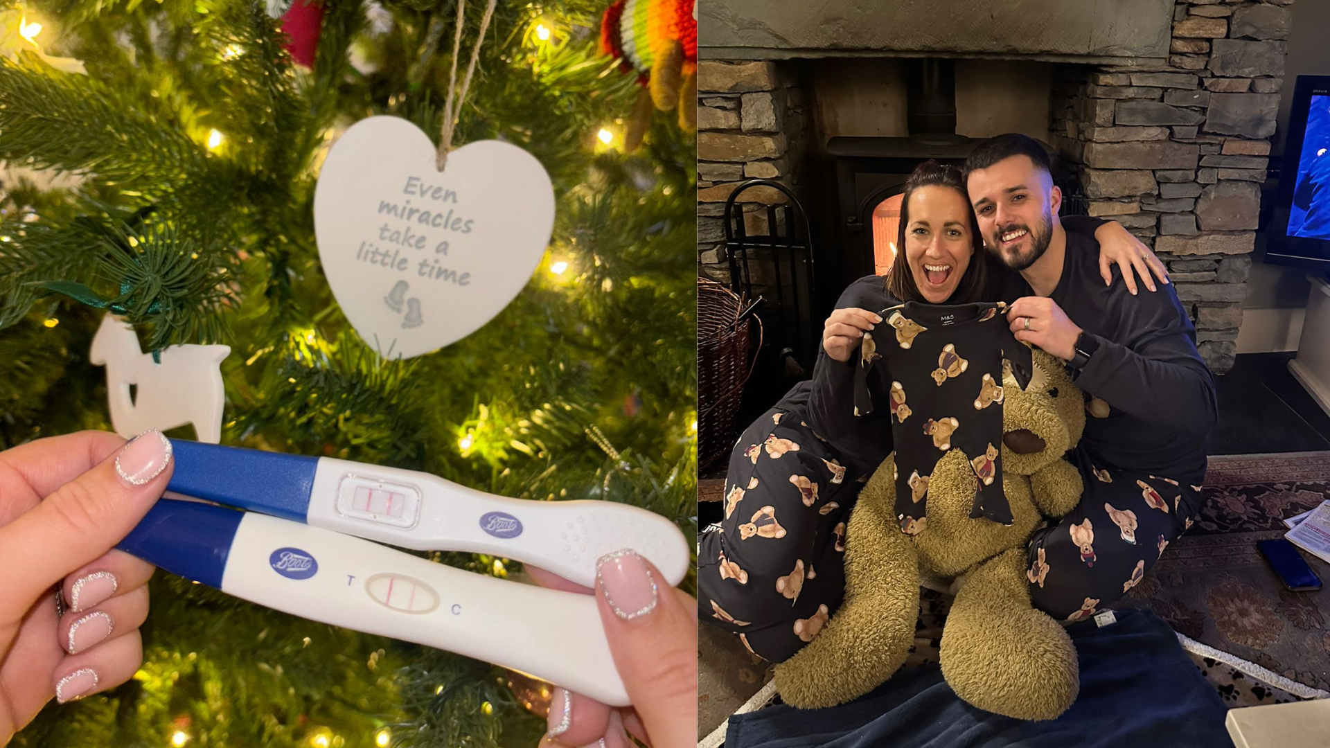 Side-by-side image of positive pregnancy tests on a Christmas tree and Charlie and Tom celebrating by a fire holding a baby outfit. After IVF at Care Fertility Tamworth, they shared this moment on TikTok @ivf_griggsjourneyto3.