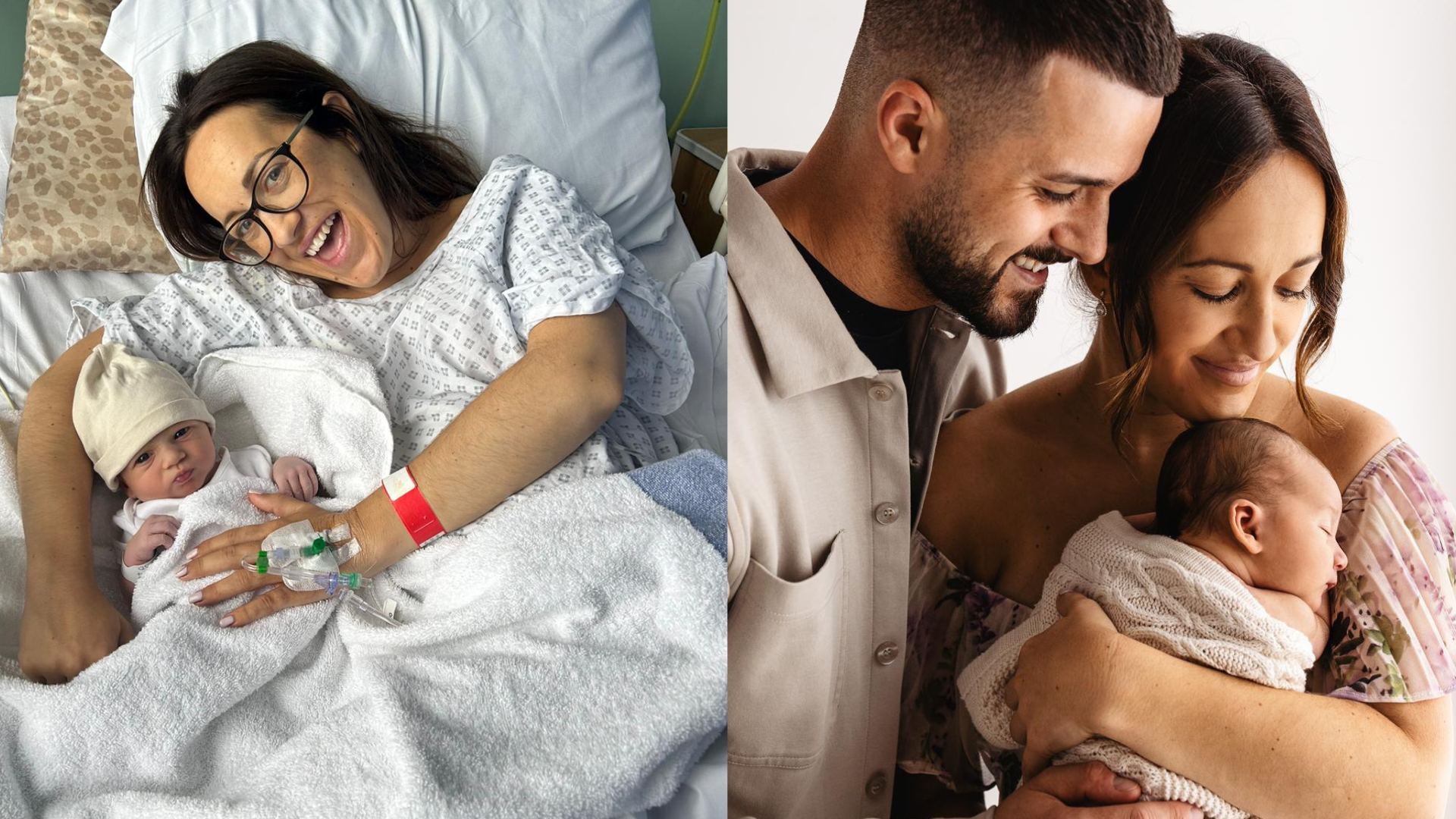 Charlie holding her newborn in hospital after IVF with Care Fertility Tamworth, and a family portrait with Tom cradling their baby. Shared on TikTok @ivf_griggsjourneyto3 to offer hope and support to others going through fertility treatment.
