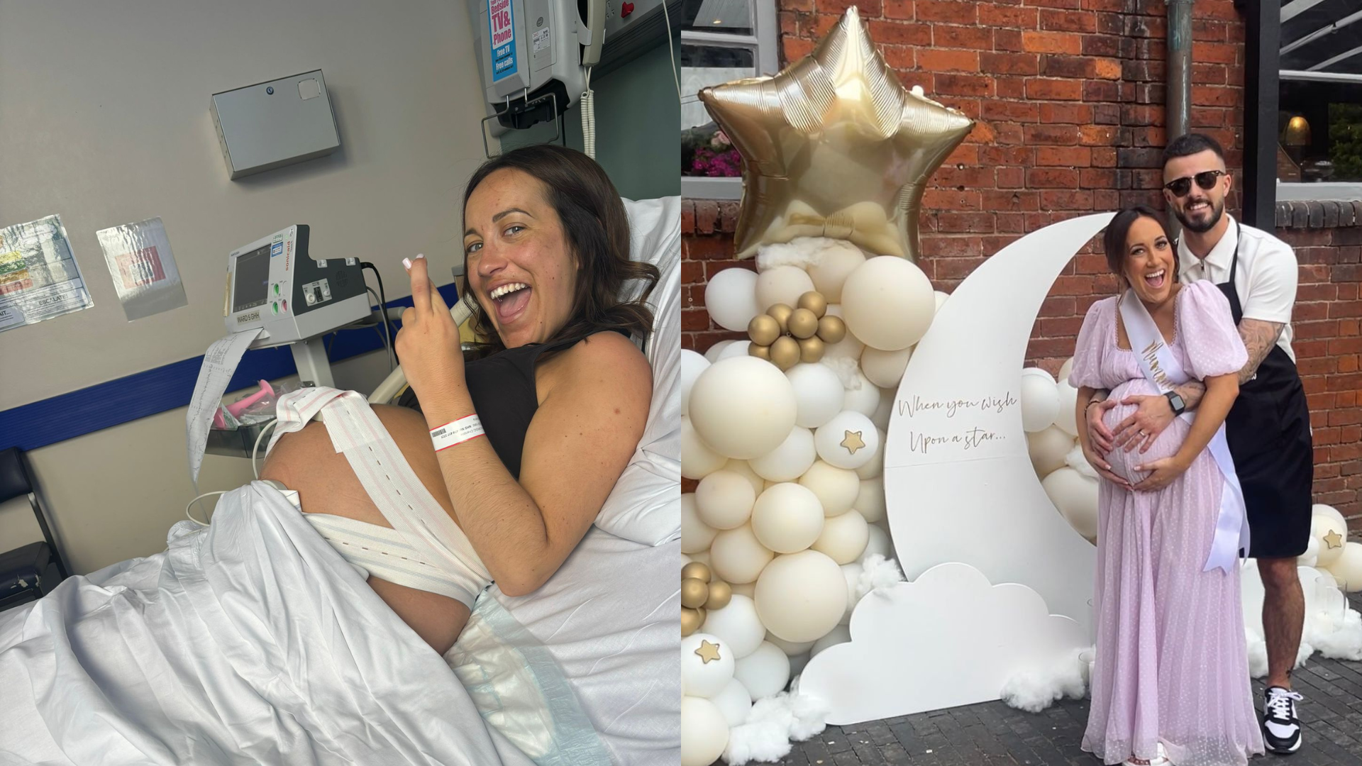 Charlie smiling during a hospital scan in late pregnancy and later celebrating with Tom at their baby shower. After IVF with Care Fertility Tamworth, the couple shared every step of their journey on TikTok @ivf_griggsjourneyto3.