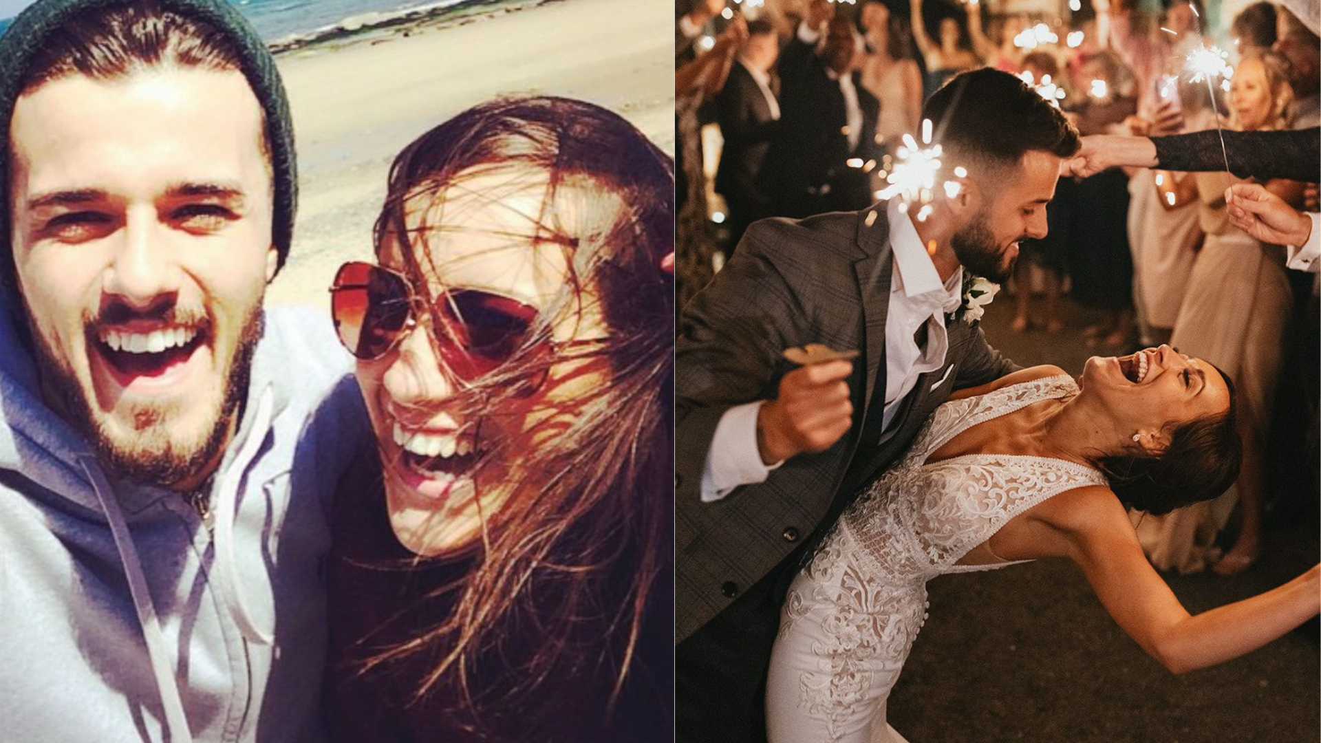 Charlie and Tom in the early days of their relationship, smiling on a windy beach, and years later on their wedding day in 2021. Their journey to parenthood began soon after, later turning to Care Fertility Tamworth for IVF. Shared via @ivf_griggsjourneyto3.