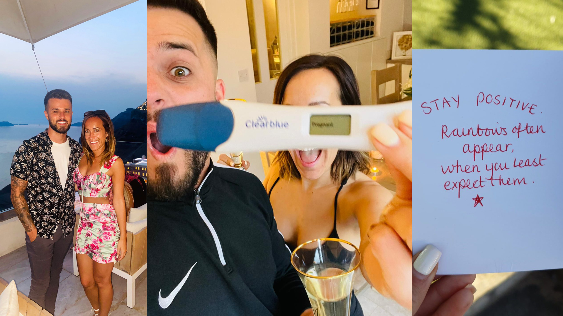 Charlie and Tom on honeymoon, their first positive pregnancy test after naturally conceiving, and a handwritten card they received after experiencing miscarriage. Their IVF journey later led them to Care Fertility Tamworth. Shared via TikTok @ivf_griggsjourneyto3.