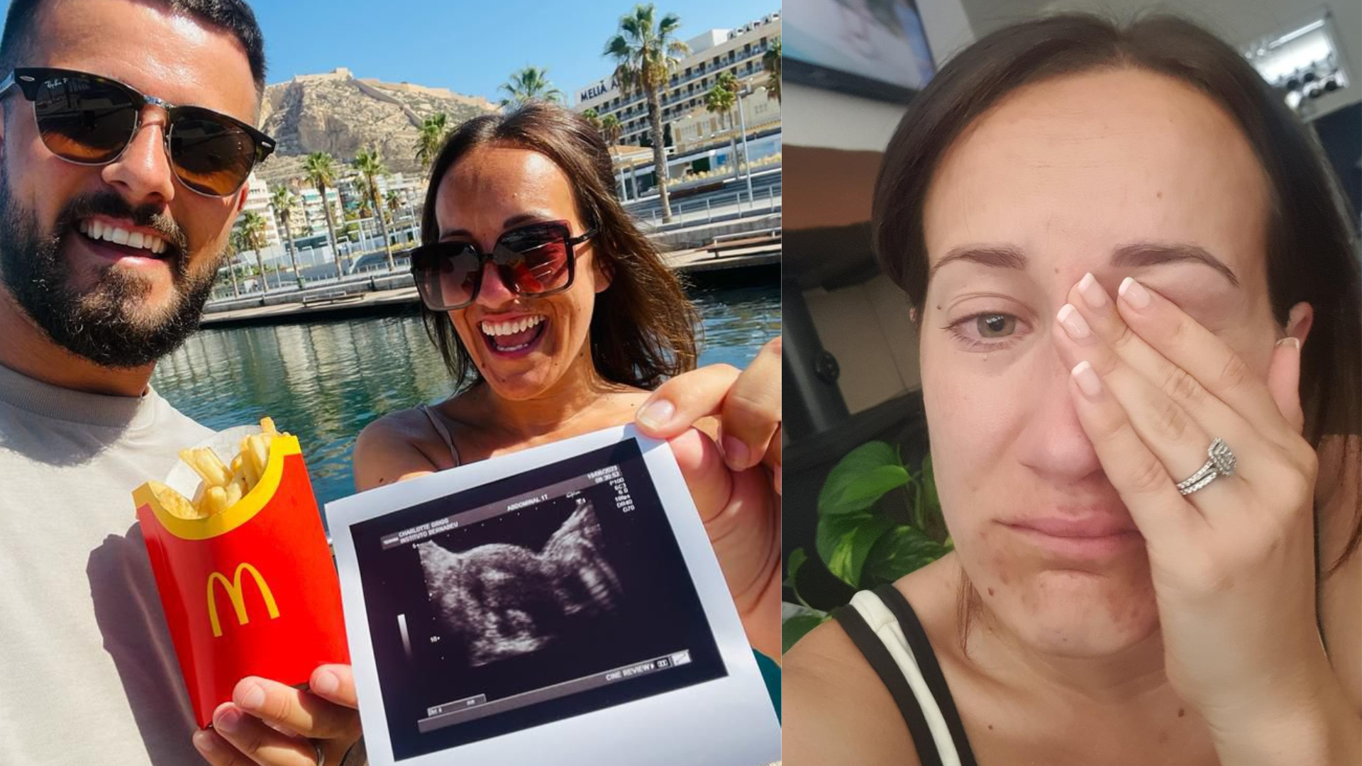 Charlie and Tom in Alicante smiling and holding McDonald's fries and an embryo scan photo after their embryo transfer, a good luck tradition in the IVF community. Second image shows Charlie emotional after learning the transfer had failed. Care Fertility Tamworth, @ivf_griggsjourneyto3
