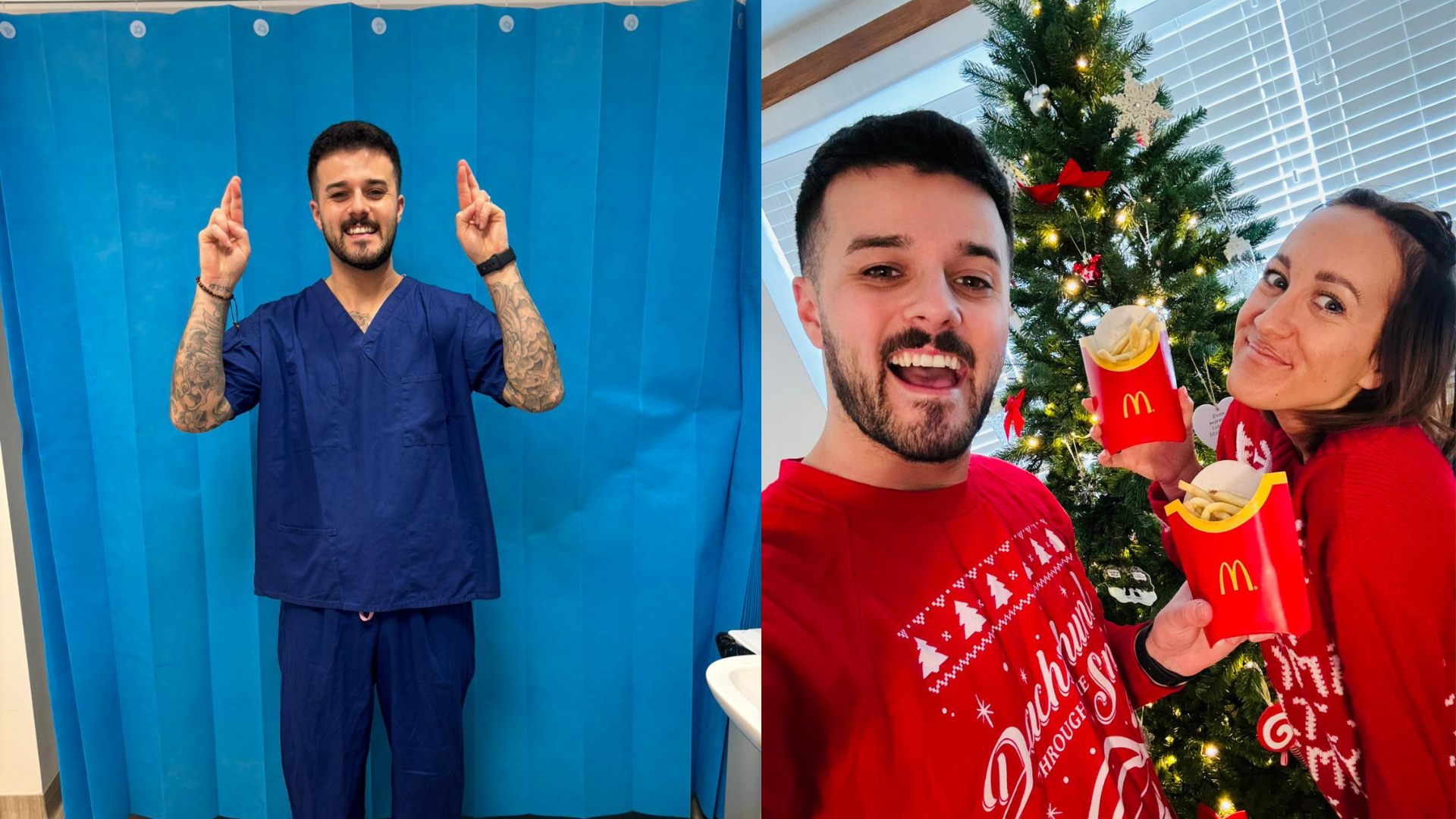 Tom before embryo transfer at Care Fertility Tamworth and later celebrating with Charlie and McDonald's fries, a good luck IVF tradition. Shared on TikTok @ivf_griggsjourneyto3.