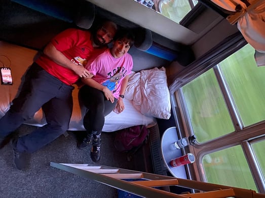 Zainib and Mobeen relaxing together on a train during their Race Across the World journey.